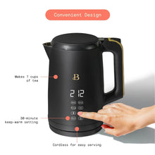 Electric kettle, black with gold handle, front display and control buttons