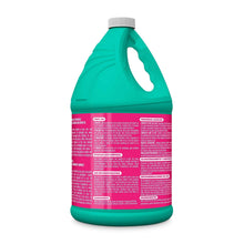 Back of no-splash bleach bottle with dense ingredient text on pink label band