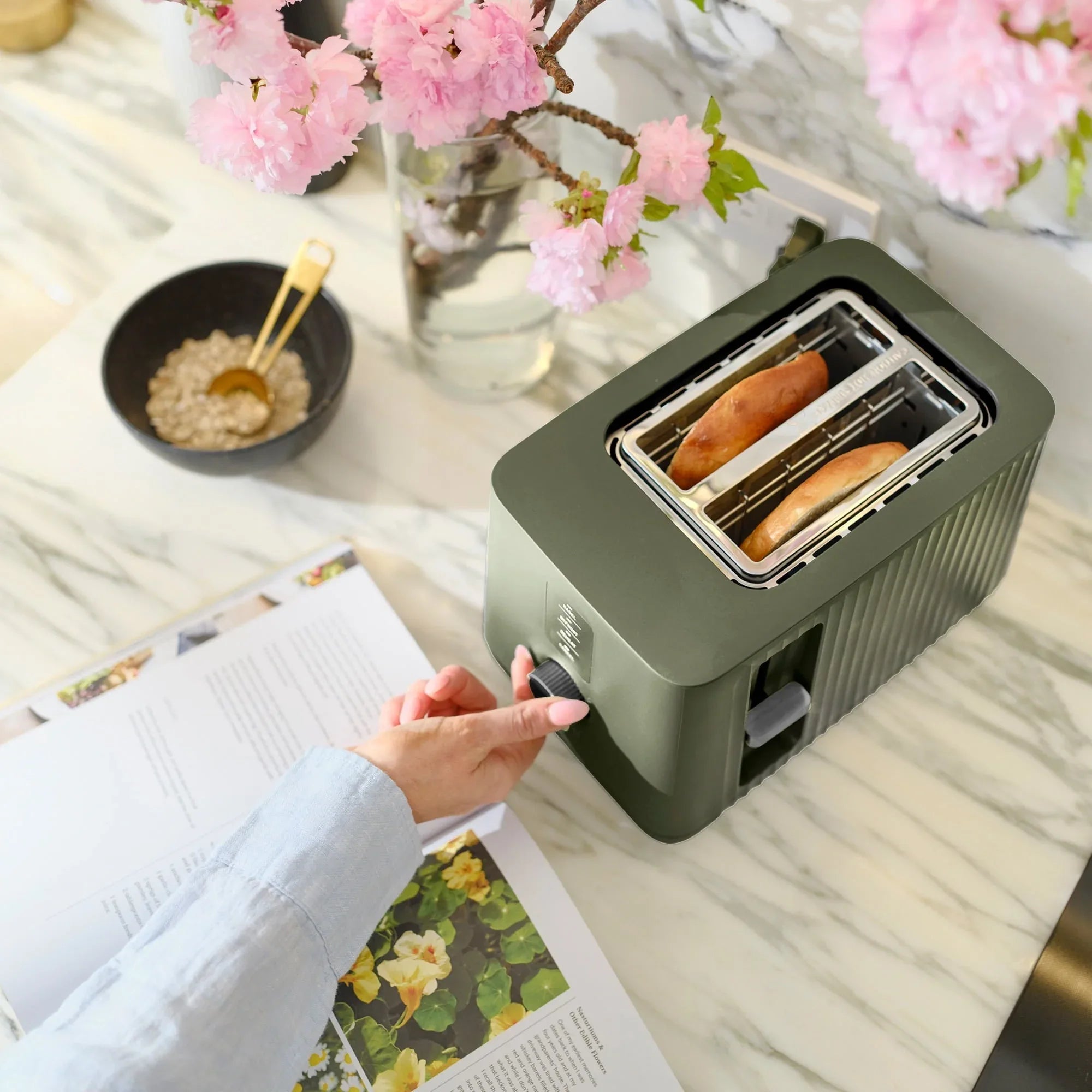 Thyme & Table 2-Slice Toaster, Extra-Wide Slots with Removable Crumb Tray, Dusty Moss - USA MEGA SHOP