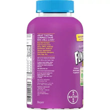 Children’s multivitamin gummies bottle back panel with barcode and Bayer label