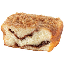 Cinnamon streusel coffee cake slice with dark filling swirl