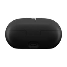 Dark charging case for wireless earbuds with USB-C port opening on underside