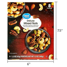Deluxe mixed nuts pouch front with bowl of nuts and 8 pouches label