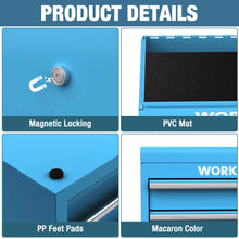 Blue mini metal tool box with magnetic latch, open top storage and two drawers