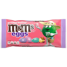 Peanut Butter M&M's Eggs candy bag with green mascot and pastel egg pieces