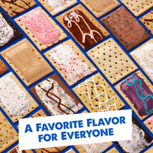 Assorted toaster pastries with frosted toppings in rows on a blue display tray
