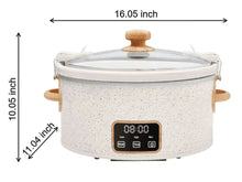 White 6-Quart slow cooker with locking lid and digital display; size arrows