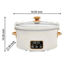 Speckled white slow cooker with clear lid, wood knob, and digital control panel