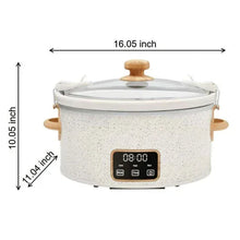 Speckled white slow cooker with clear lid, wooden knob, and digital display