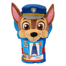 Blue dog-shaped hooded plush throw with paw-cap top and large character face