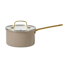 Nonstick pot with glass lid, taupe body, gold handle and loop grip