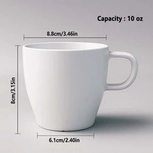 White coffee mug with handle with size diagram showing capacity 10 oz.