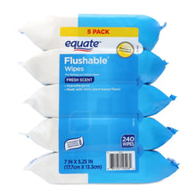 5-pack flushable wet wipes with fresh scent, blue and white packs, 240 wipes total