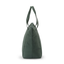 Forest green soft cooler tote bag standing upright with loop carry handle