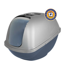 Hooded enclosed litter pan with arched blue door and gray top cover, large plastic box