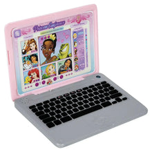 Pink-and-gray pretend laptop with Princess-themed screen and black keys, open