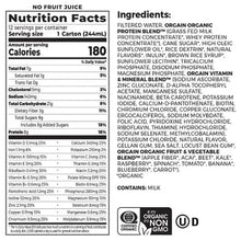 Nutrition Facts label for kids protein shake carton, 12 servings, 180 calories