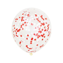 White latex balloon with red confetti dot pattern and small tied neck