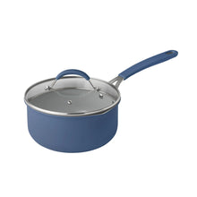 Blue ceramic saucepan with stainless lid and curved handle