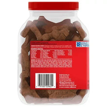 Back of dog treat container with label and barcode, filled with brown bone-shaped treats