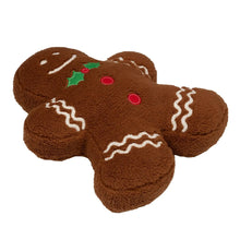 Gingerbread decorative pillow, brown plush gingerbread with green holly accent and red buttons