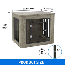 Dog crate furniture with gray wood-look body, black bars, and open front doorway