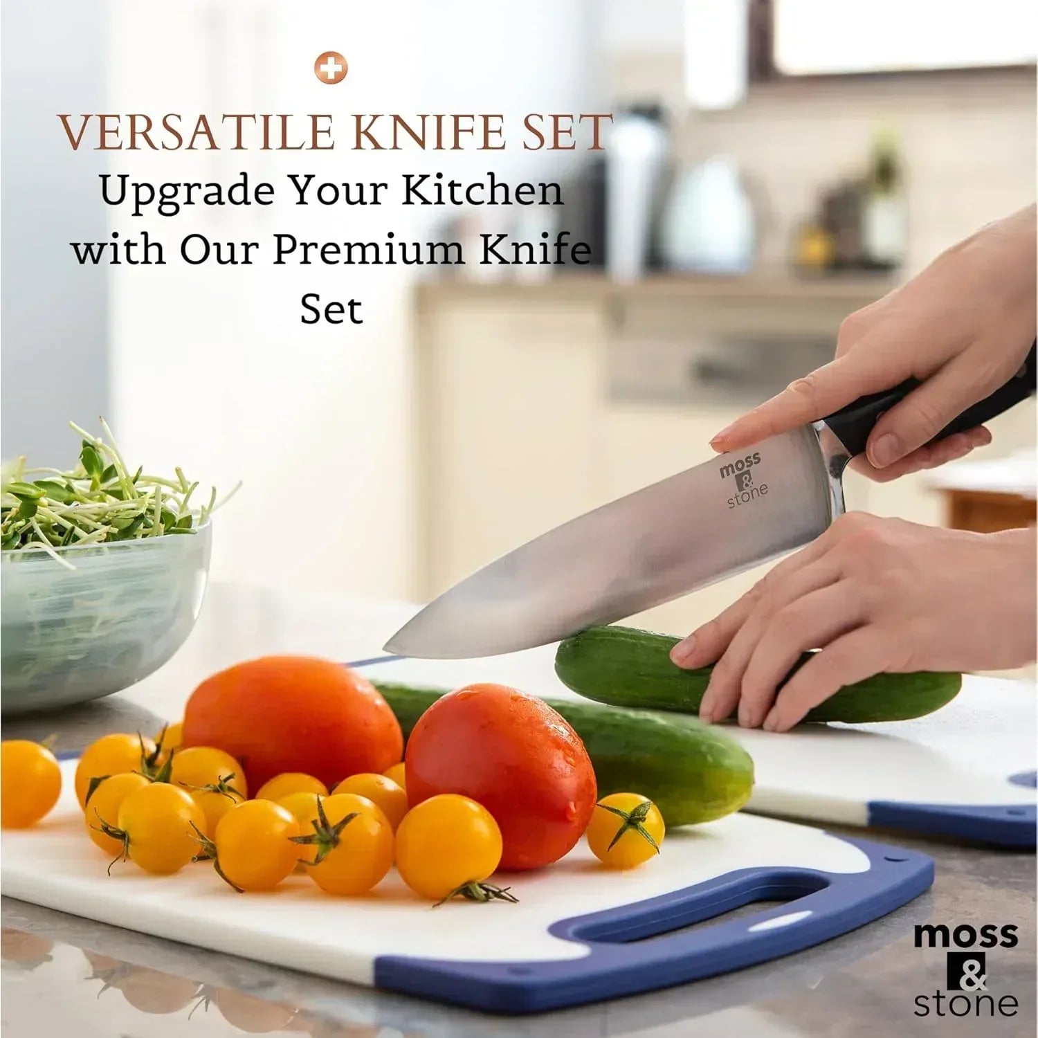 Moss & Stone Professional Kitchen Knife Chef Set, Small Knife Set With Block, Black Titanium Plated Kitchen Knife Set, Stainless Steel Scratch Resistant & Rust Proof Sharp Kitchen Knives.
