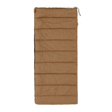 Brown rectangular adult sleeping bag with quilted baffles and tied opening