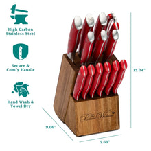 Red-handled knife block set on acacia wood block with stainless steel knives