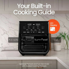 Black air fryer oven with internal mesh rack and LED control display