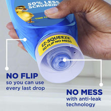 EZ-Squeeze hand soap bottle close-up showing no flip, no mess and anti-leak design.
