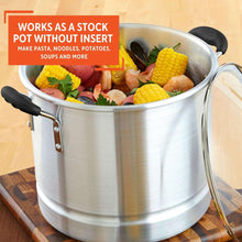 Aluminum stock pot without insert, filled with vegetables and corn