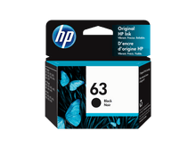 HP 63 black original ink cartridge box showing “63 Black” on the front panel