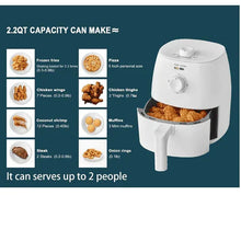 Arctic white air fryer shown beside capacity infographic