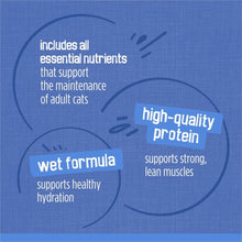 Wet cat food benefits label with wet formula and high-quality protein text