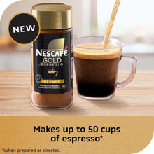 Instant espresso coffee jar with gold lid and mug of coffee, 'New' badge and 50 cups