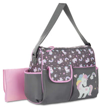 Gray unicorn-print diaper bag with top handle, front pockets and pink trim