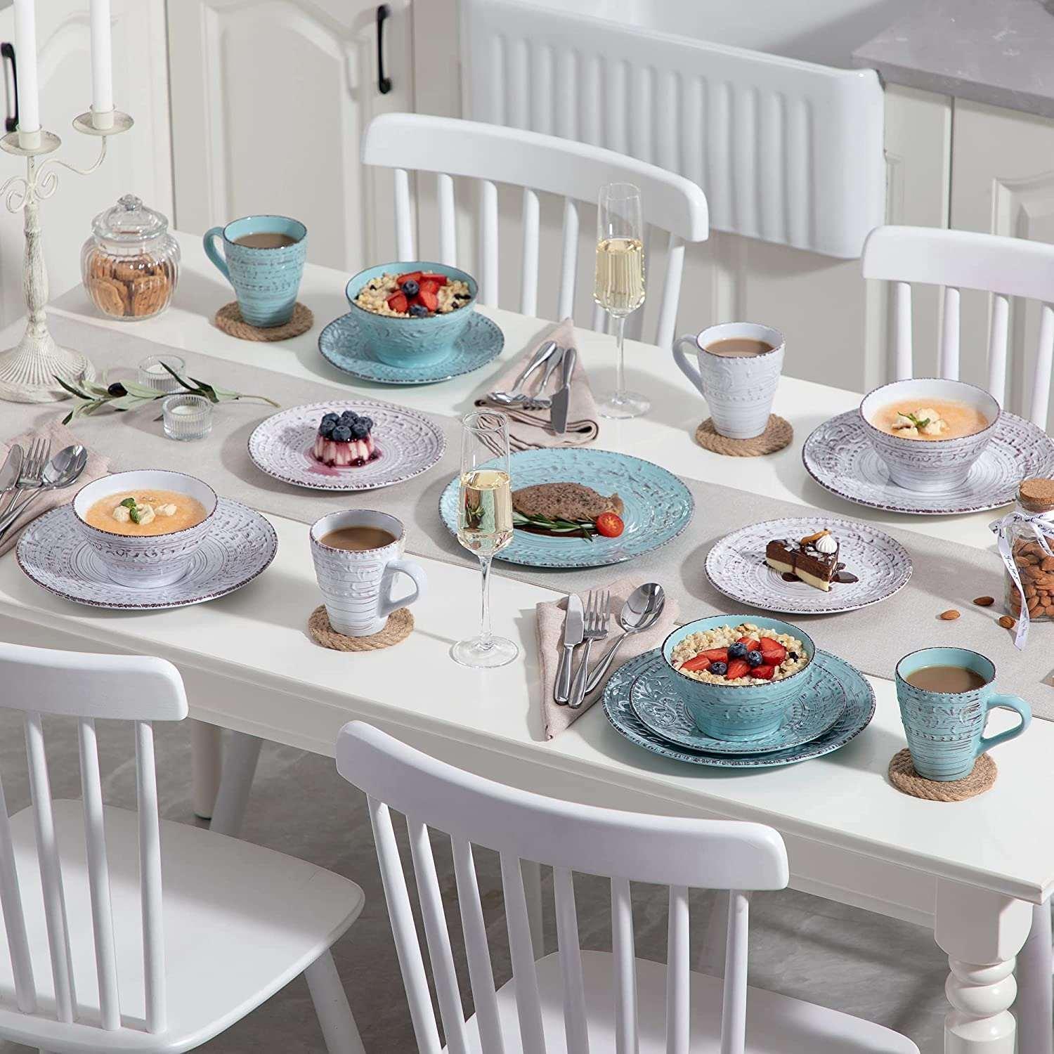Vancasso, Series Vine, 16-Piece Stoneware Dinnerware Set, Blue and Beige Dinner Set, Service for 4