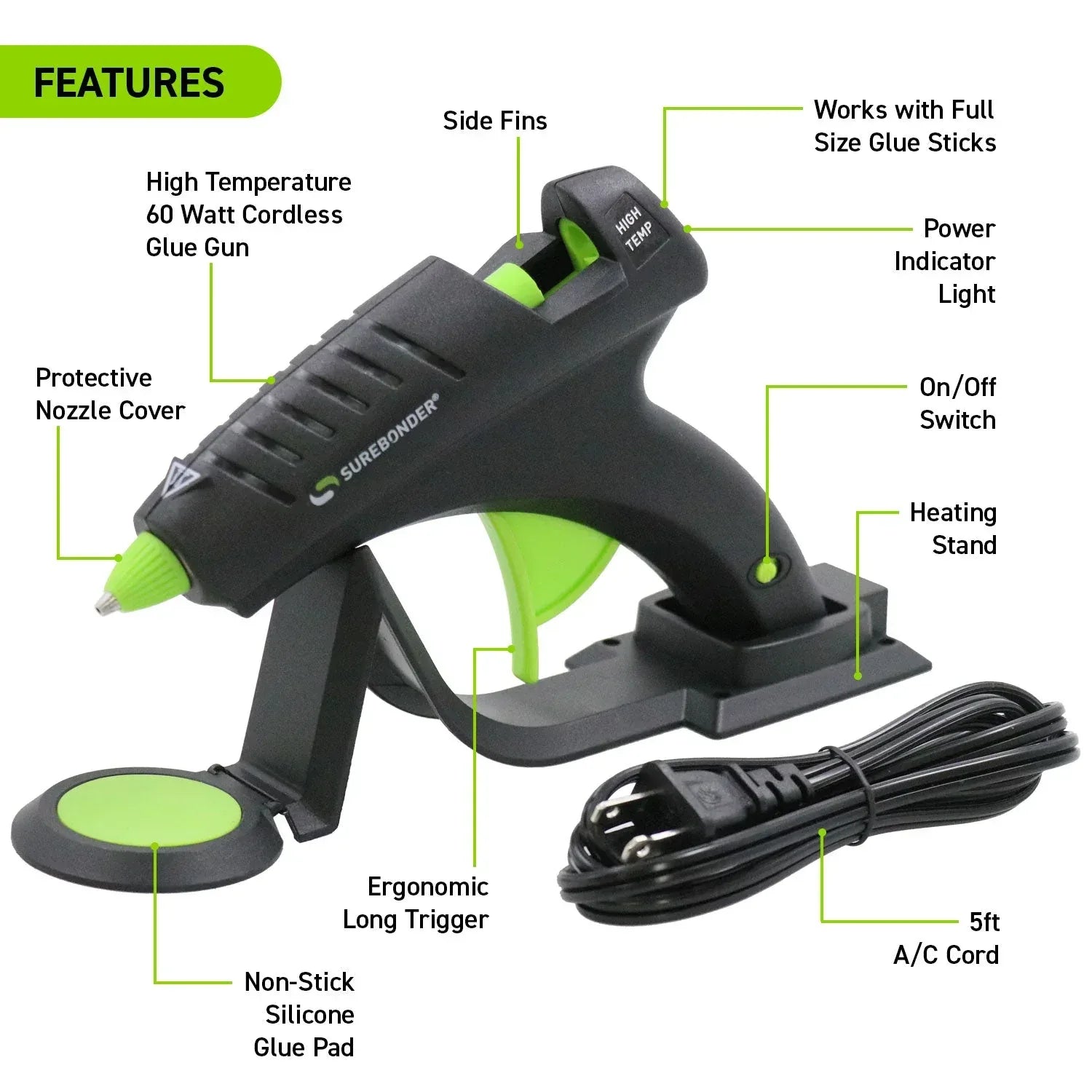 Surebonder High Temperature Corded/Cordless Black/Green Full Size 60 Watt Hot Melt Glue Gun - USA MEGA SHOP