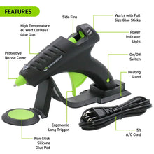 Black and green hot melt glue gun with 5 ft A/C power cord and stand