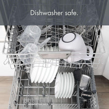 Dishwasher-safe plastic mixing bowl set shown in a dishwasher rack