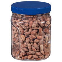 Clear jar filled with maple brown sugar almonds, showing the almonds through the container