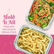 Clear glass food storage containers with pink lids, one with pasta, one with stir-fry