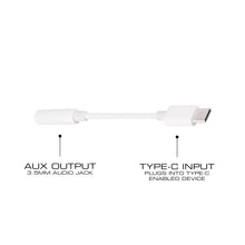 White USB-C to 3.5 mm adapter cable showing Type-C input and 3.5 mm AUX output