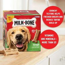 Large dog biscuit box with bone-shaped treats and dog portrait, plus red circular callouts