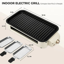 Beige indoor electric grill with ridged nonstick plate and three mini pans
