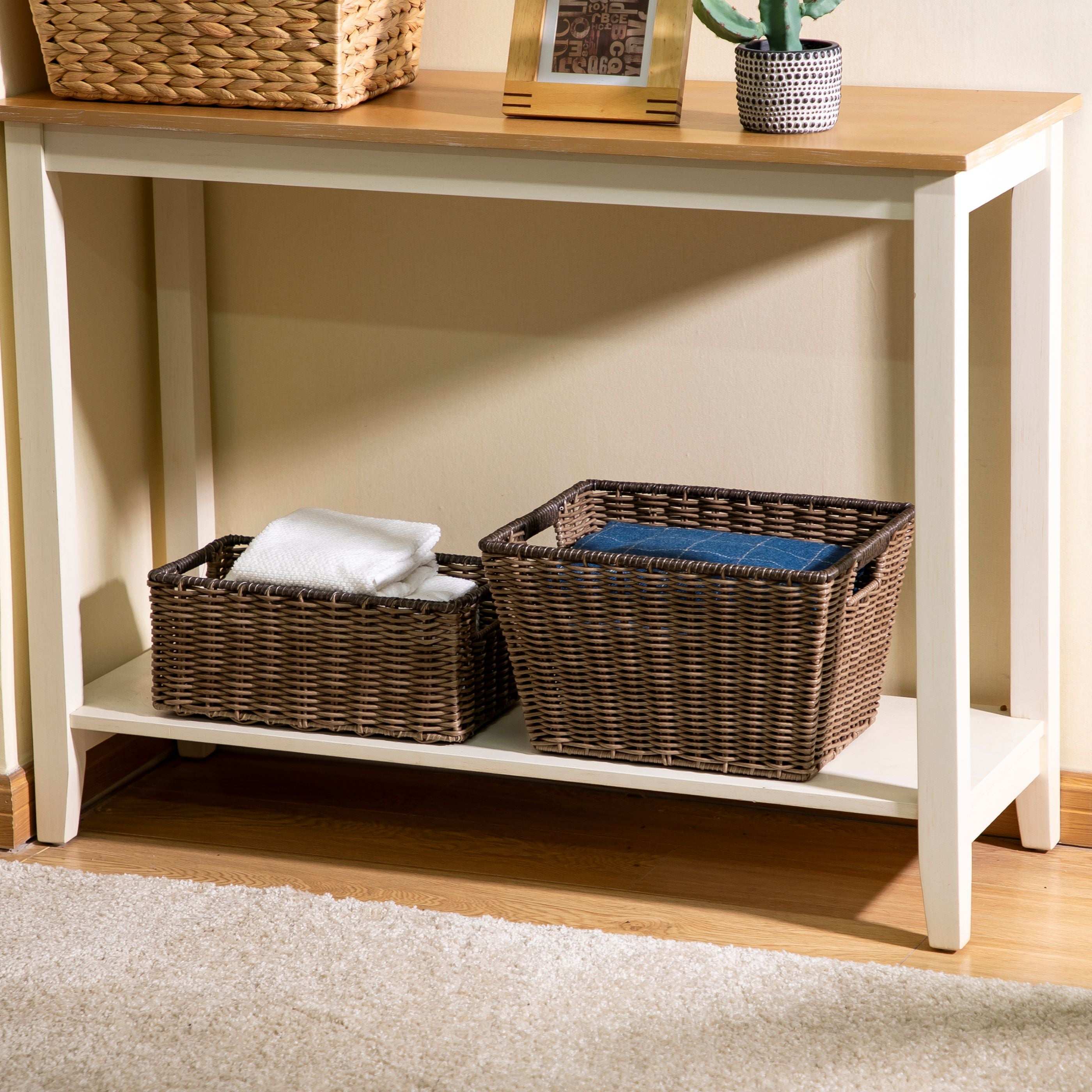 Better Homes & Gardens Large Poly Rattan Decorative Storage Basket with Handles, 14 in x 11 in x 8.5 in