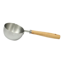 Stainless steel measuring cup with olivewood handle, rounded cup interior