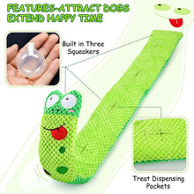 Green crocheted cactus-shaped dog squeaky toy log with two big eyes and red mouth.