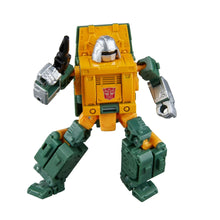 Yellow and green robot action figure with silver helmet, open hands, and black backpack